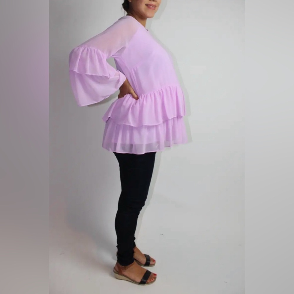 Rosie Pope Maternity Chiffon Blouse Lavender Tiered Ruffle Bell Sleeve Large